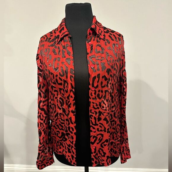 Alice + Olivia Animal Print Button Down Long Sleeve Red Leopard Blouse - Picture 1 of 10